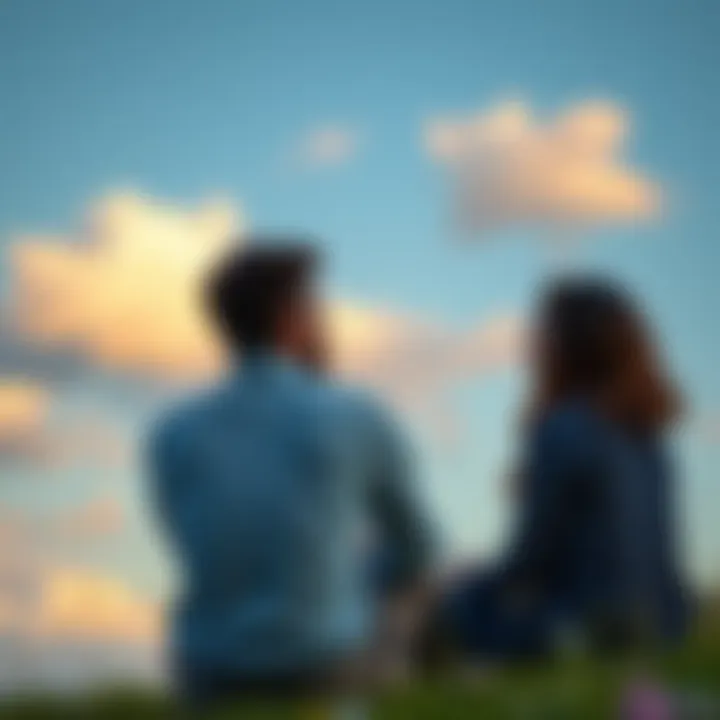 A couple discussing their relationship while sitting outdoors under a clear sky with clouds, symbolizing the Aquarian air sign.