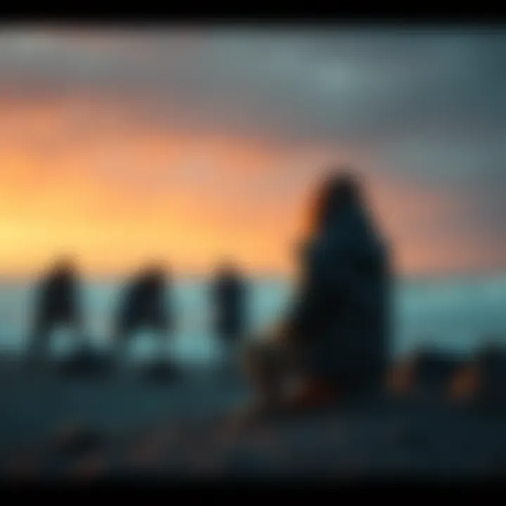 An Aquarian sitting alone, watching friends struggling in the background, symbolizing patience and observation after betrayal.