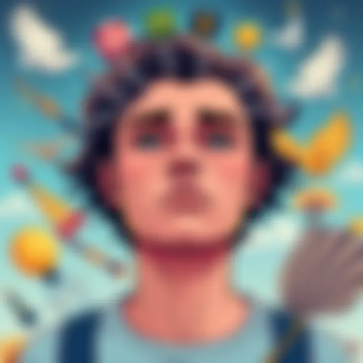 An illustration showing a person with an airy, detached expression, surrounded by symbols of independence and freedom, representing the traits of Aquarians.