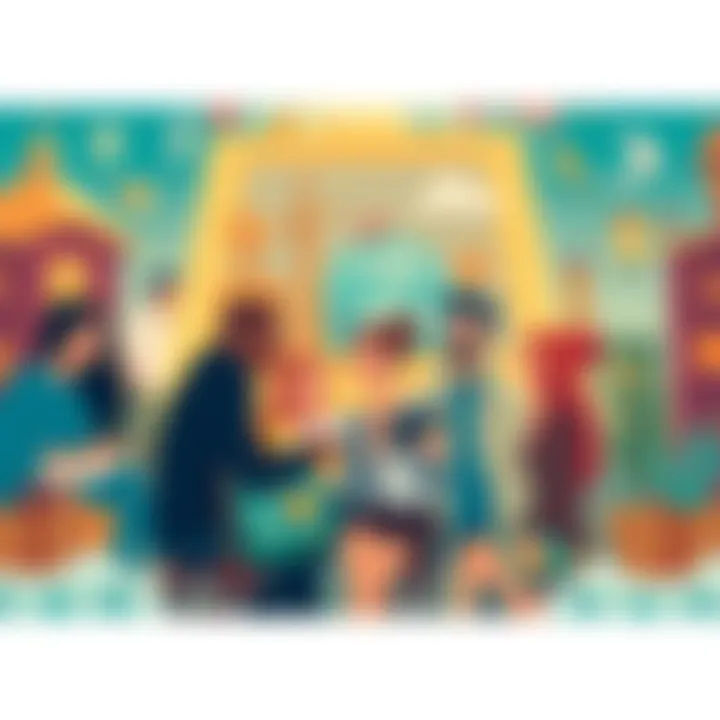 A group of Aquarians sharing stories about their hometowns, surrounded by symbols of their local culture and community