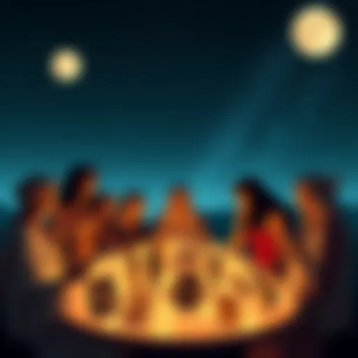 A group of Aquarians discussing tarot cards and Moon signs under a starry sky, with symbolic representations of the zodiac and tarot cards around them.