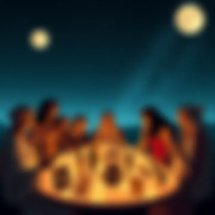 A group of Aquarians discussing tarot cards and Moon signs under a starry sky, with symbolic representations of the zodiac and tarot cards around them.