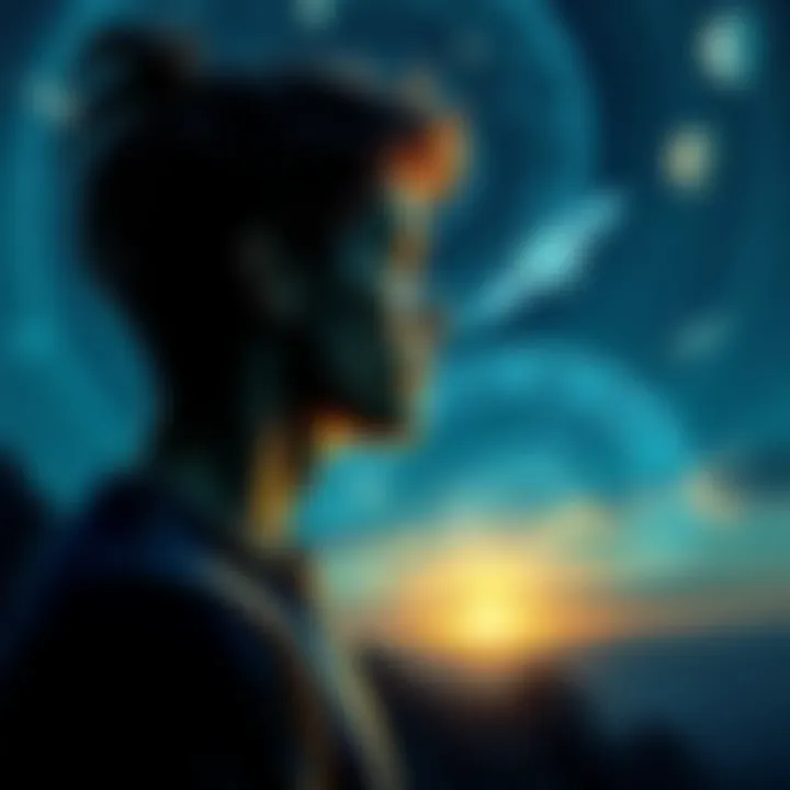 A thoughtful Aquarian gazing into the cosmos with a backdrop of swirling stars and planetary alignments, symbolizing introspection and emotional turmoil.