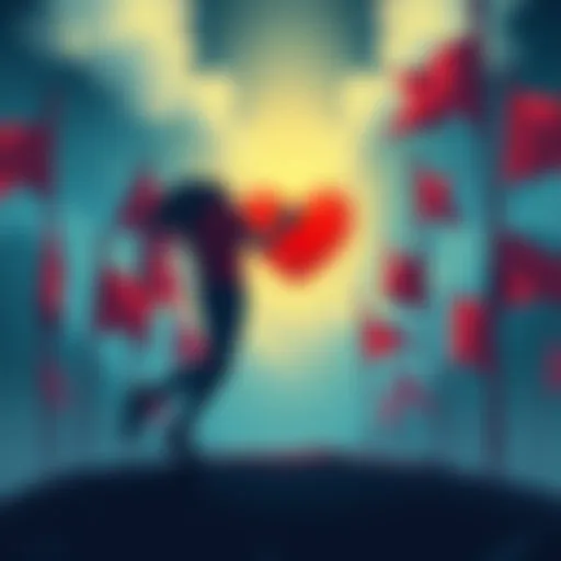 An illustration of an Aquarius person confidently moving toward a glowing heart surrounded by red flags, symbolizing their tendency to ignore warning signs in relationships.