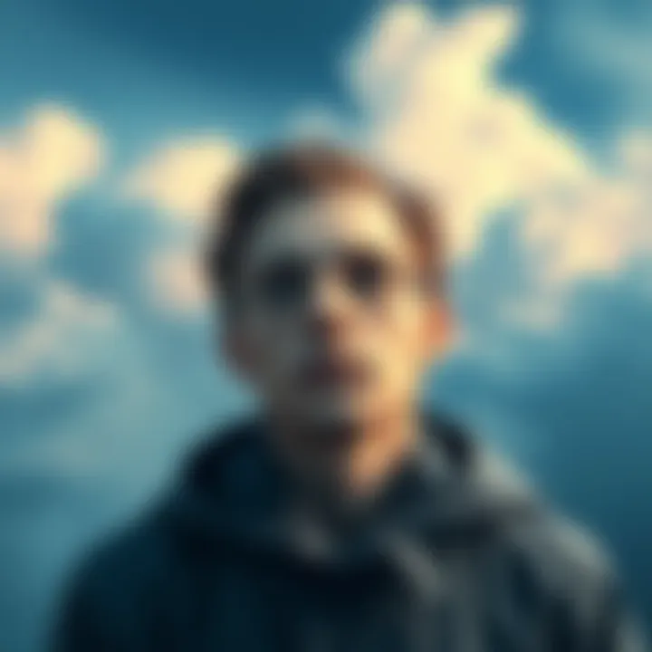 A visual representation of an Aquarius person reflecting on their emotions, illustrating a sense of calm detachment with a cloudy and serene background.
