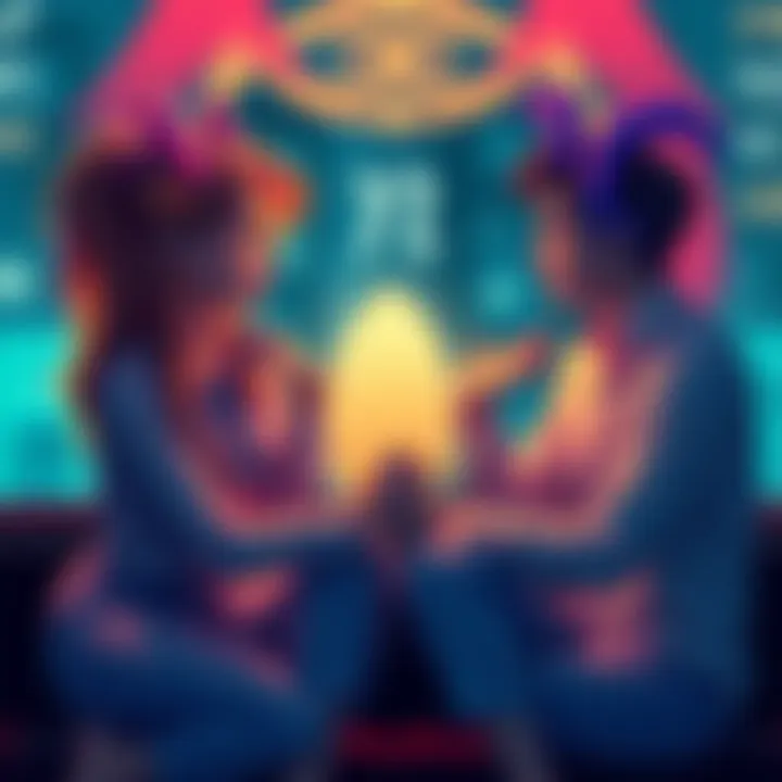 Aquarius and Gemini in conversation An Aquarius person and a Gemini person sitting together, talking and sharing thoughts, showcasing their different approaches to relationships.