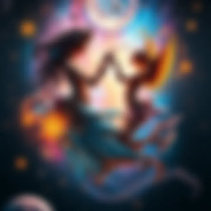 A cosmic dance of emotions between Aquarius and Gemini An abstract representation of the emotional complexities in relationships between Aquarius and Gemini, showcasing themes of connection and conflict through vibrant colors and celestial motifs.