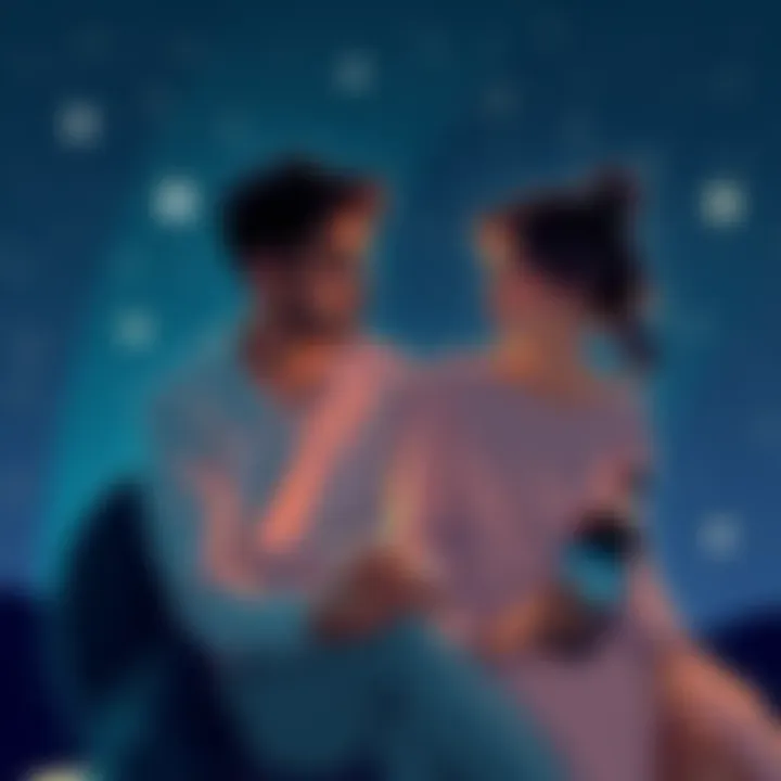Two Aquarius individuals sitting together, sharing their thoughts about dating each other, with a starry background representing their zodiac signs.