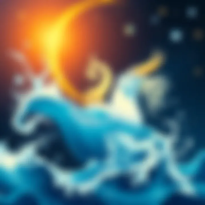 Illustration of the Aquarius zodiac sign with water waves and air elements surrounding it, depicting its unique identity conflicts.