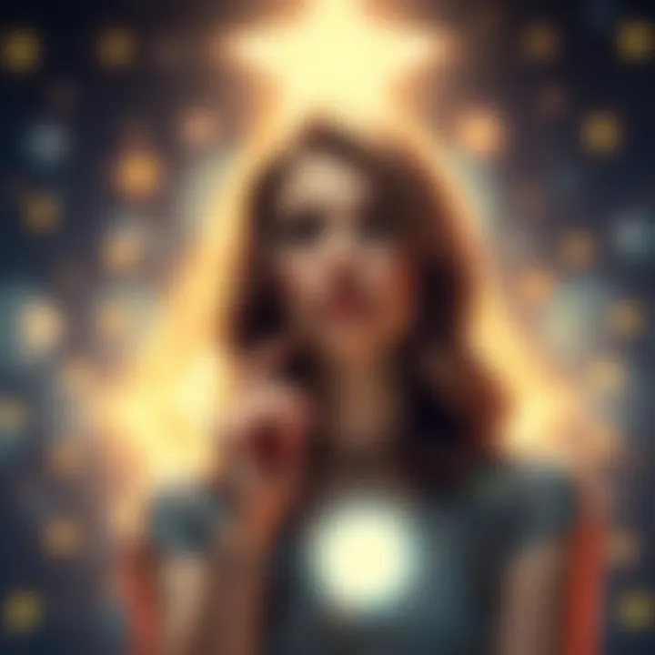 Aquarius woman in a thoughtful pose A woman with an inquisitive expression, surrounded by stars and symbols representing love and emotions, reflecting on relationships