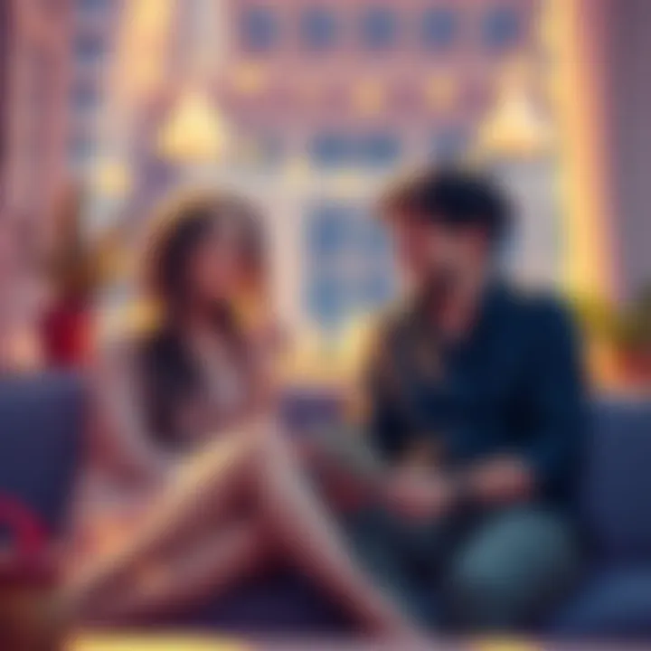 A happy Aquarius girl and Cancer guy sitting together, laughing, and enjoying their time in a cozy setting