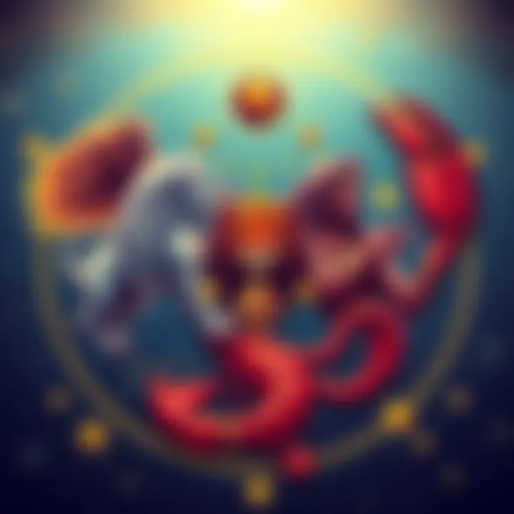 Illustration of Aquarius, Leo, and Scorpio zodiac signs with symbols and stars, representing their compatibility