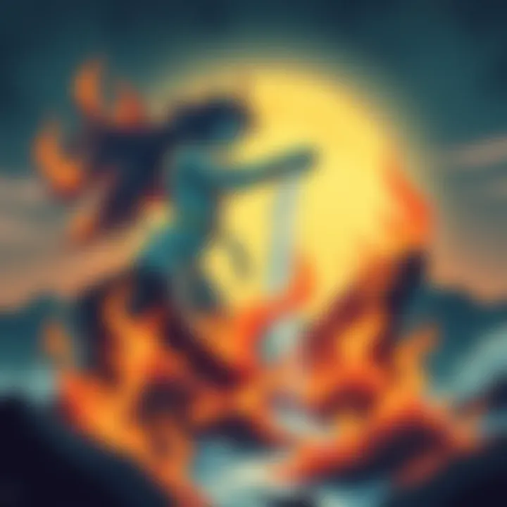 Aquarius Embracing Change An illustration of Aquarius represented by a figure pouring water over a landscape, symbolizing transformation and new beginnings, surrounded by flames to represent the Year of the Fire Horse.