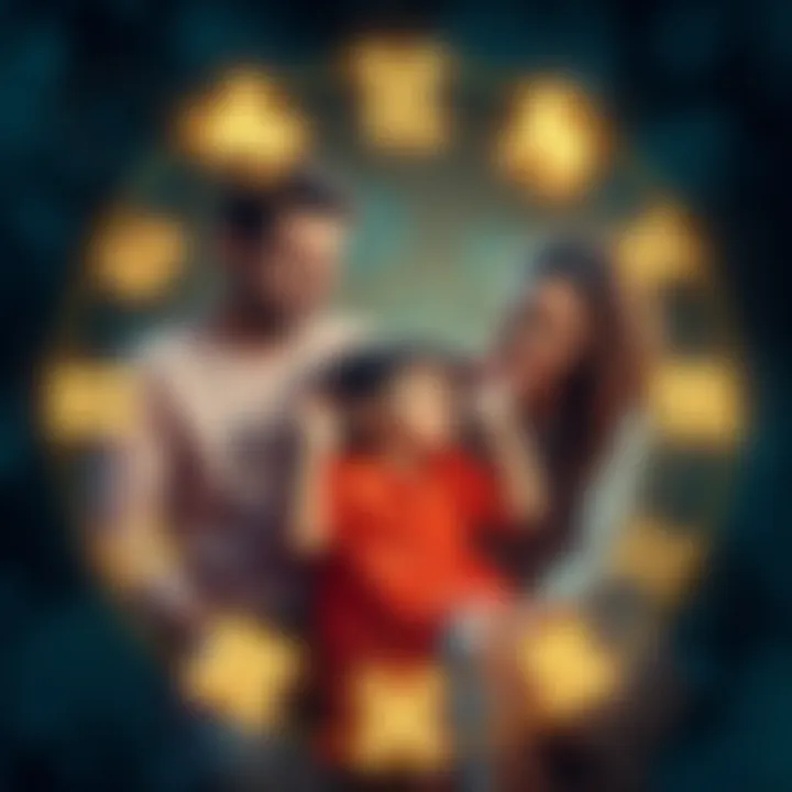 Aquarius Family with Virgo Sister A family portrait showing parents and their Aquarius child joyfully interacting with their Virgo sister, surrounded by astrological symbols representing their zodiac signs.