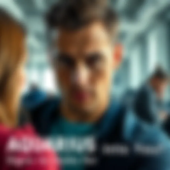 Aquarius Guy with Intense Gaze A man with an intense gaze looking at a woman, showcasing a moment of close interaction, symbolizing attraction. The setting is a casual office environment.