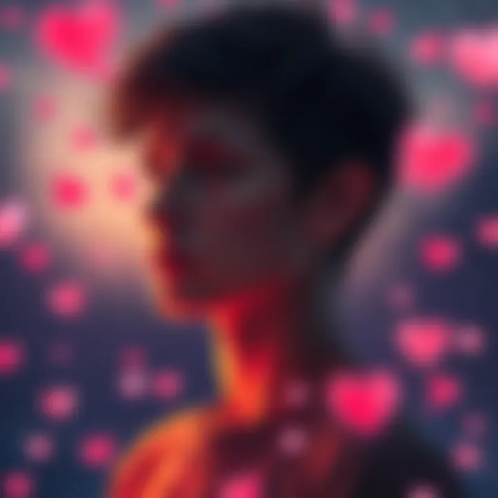 An Aquarius person sitting alone, looking thoughtful with a distant gaze, surrounded by stars and hearts, representing deep love and emotional struggle.