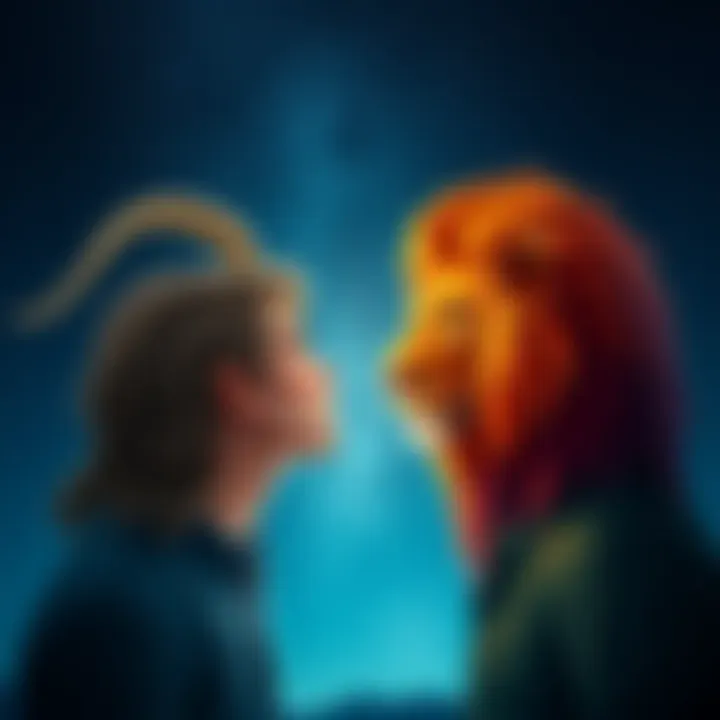 An Aquarius and a Leo engaging in a deep conversation under a starry sky, showcasing their contrasting personalities.