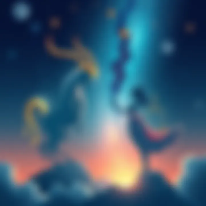 Illustration of Aquarius and Libra zodiac signs with a romantic theme, showing symbols and stars in a night sky