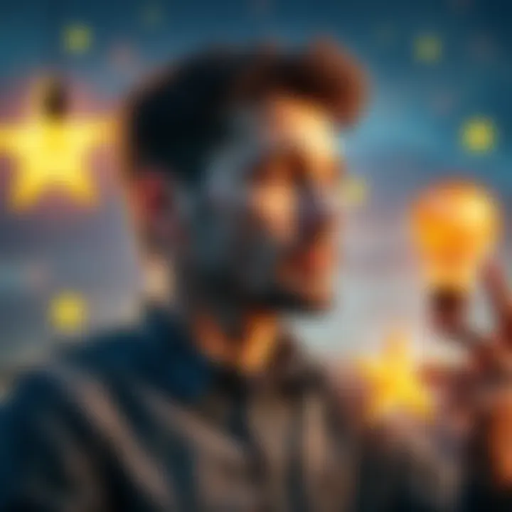 Aquarius Man Using Intuition A thoughtful Aquarius man reflects on his life decisions, surrounded by elements symbolizing intuition and insight, like stars and a light bulb.