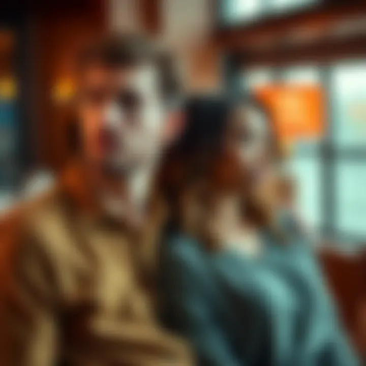 An Aquarius man with a thoughtful expression standing next to a submissive woman, who appears comfortable and attentive, in a serene setting.