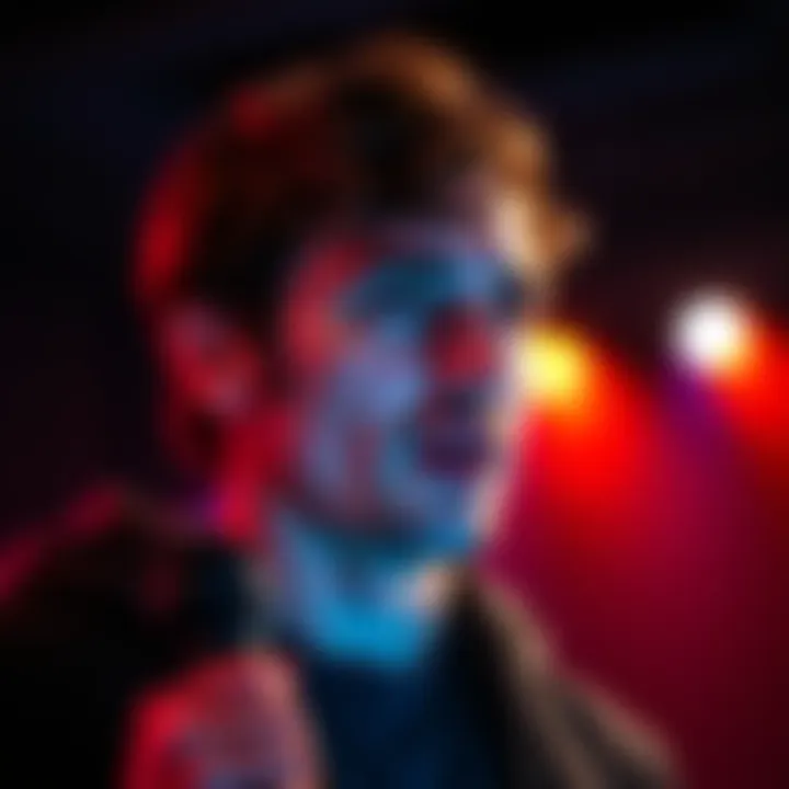 An Aquarius man with expressive eyes passionately acts on stage, showcasing his creativity in theater arts.