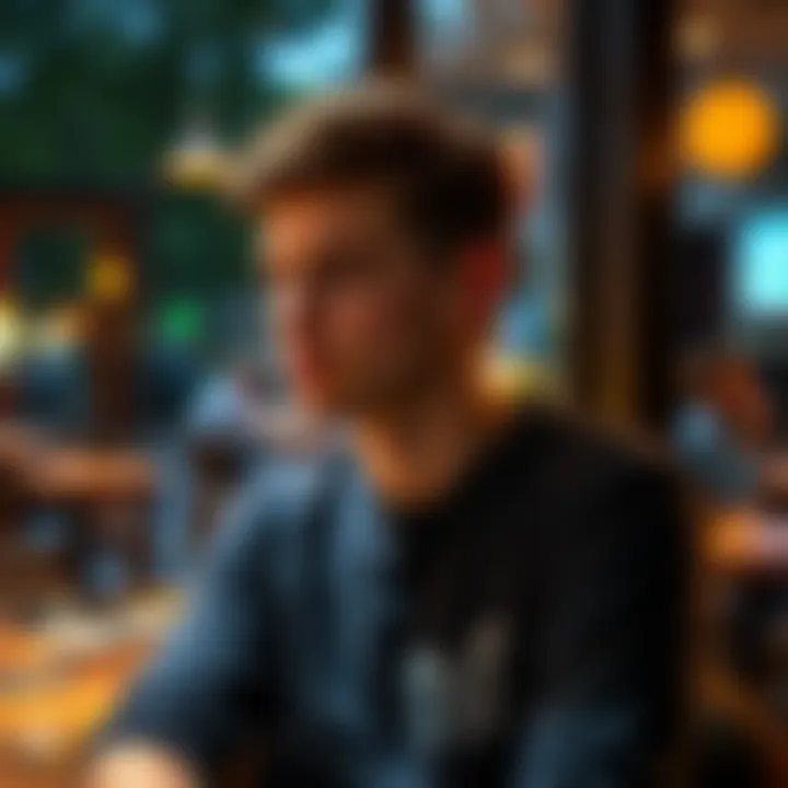 Aquarius man looking thoughtful A young man with an Aquarius symbol on his shirt, deep in thought while sitting at a cafรฉ, reflecting on relationships.