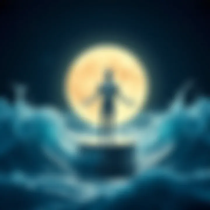 An Aquarius moon figure stands calmly in the center, balancing the emotional waves from surrounding water moon family members, symbolizing stability and wisdom.