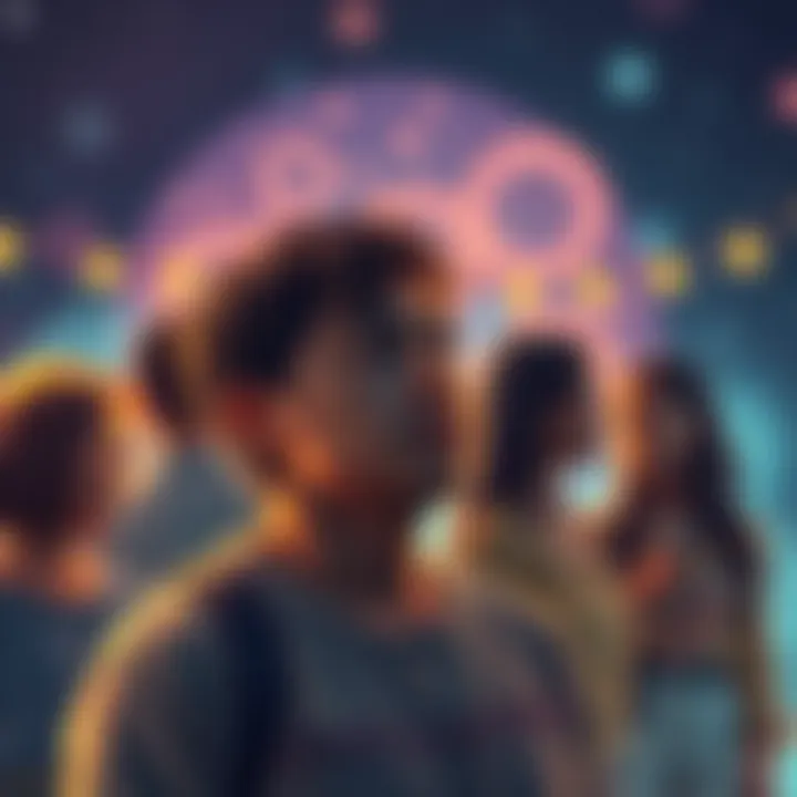 An Aquarius individual looking thoughtful while observing a group of friends, contemplating their actions and how they affect others.