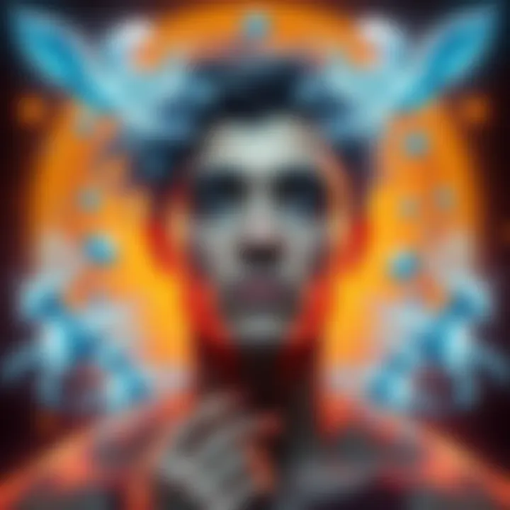 A person with a thoughtful expression, surrounded by symbols of water and air, representing the diverse traits of Aquarians.