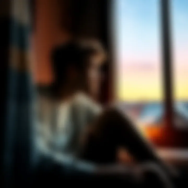 An Aquarius individual sitting by a window, lost in thought while looking at the stars. They appear contemplative and emotionally reflective, with a serene expression.