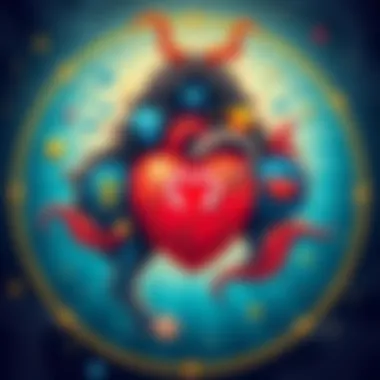 An illustration showing the Aquarius zodiac sign with symbols of love and relationship dynamics, highlighting both positive and negative interactions with other signs.