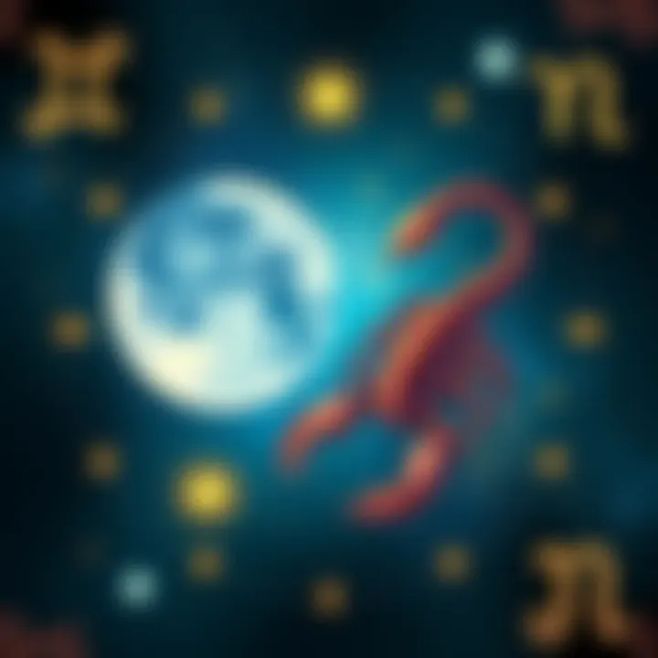 Aquarius and Scorpion Moon Signs An illustration showing the symbols of Aquarius and Scorpion, surrounded by stars and astrological elements, symbolizing their complex relationship.