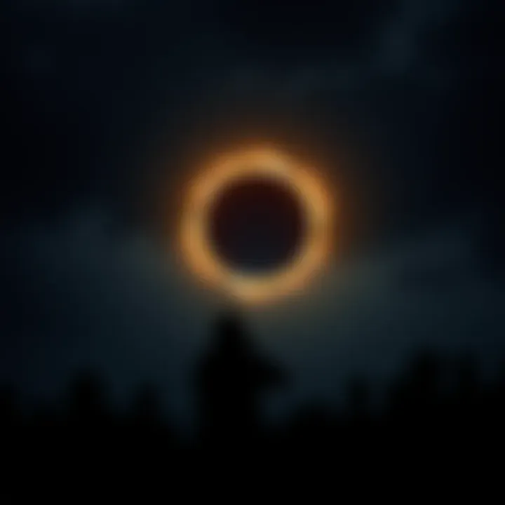 A darkened sky with a bright ring around the eclipse, symbolizing a shift in consciousness and technology, framed by silhouettes of people observing the event.