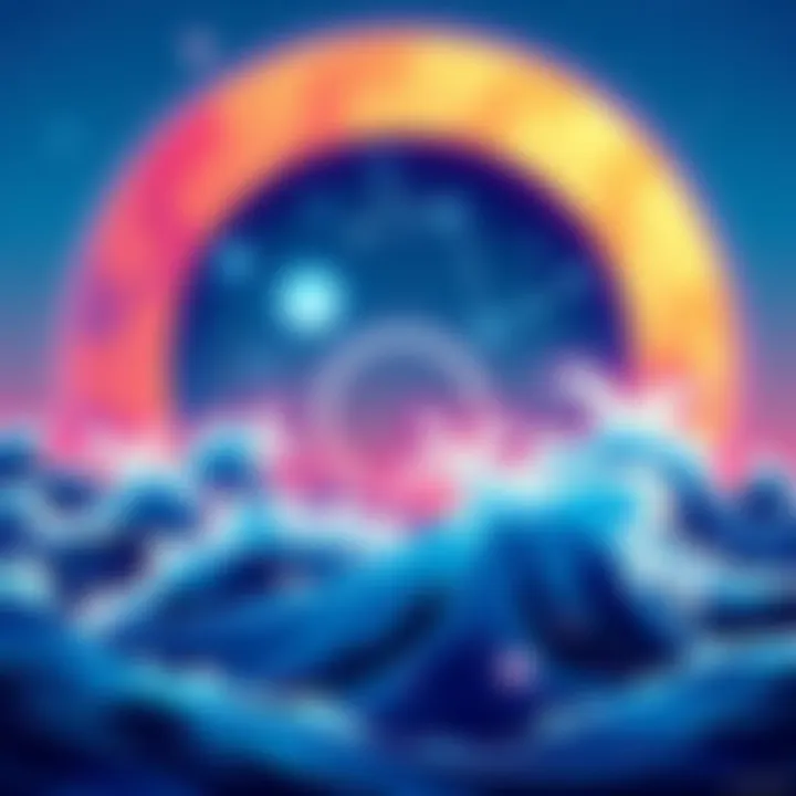 A vibrant illustration of the Aquarian symbol featuring water waves and the constellation, representing innovation and detachment during Aquarius season.