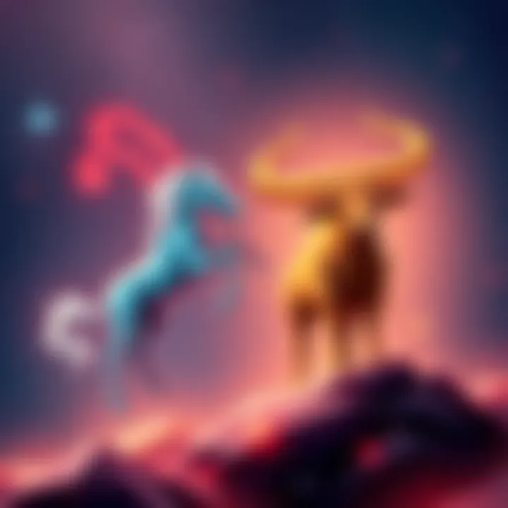 Illustration of Aquarius and Taurus zodiac signs with symbols and a starry background