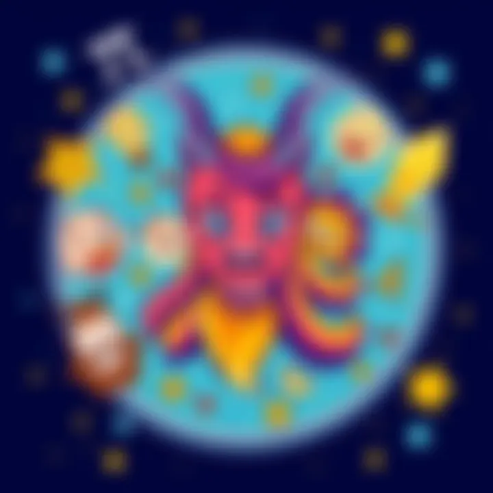 Aquarius Traits Illustration Bright and colorful illustration of an Aquarius symbol surrounded by playful expressions and quirky traits such as humor and creativity. The background features stars and zodiac signs.