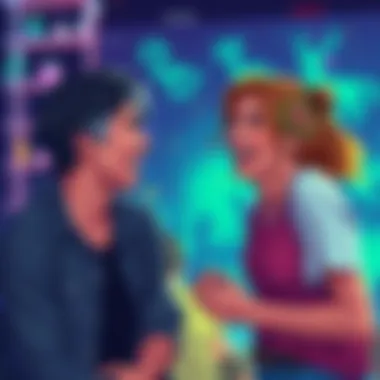 A playful depiction of two people laughing and chatting with a colorful background, representing casual friendships and flirtation.