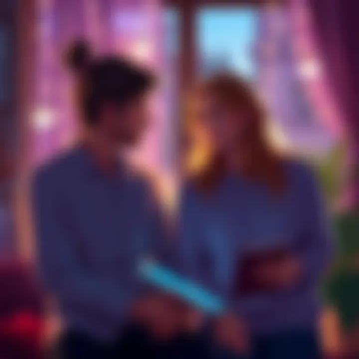 An Aquarius woman and a Virgo man discussing their relationship in a cozy setting, showing their different perspectives on romance.