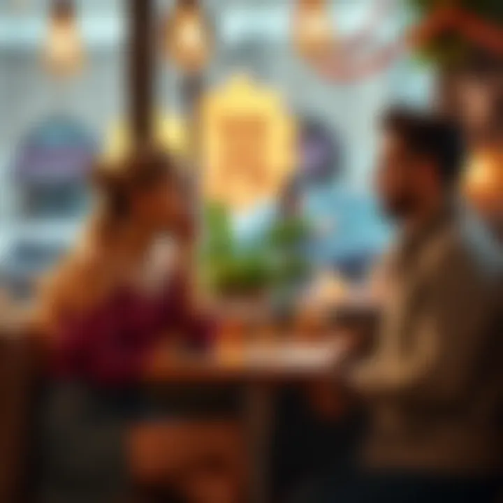 Aquarius Woman and Aries Man A thoughtful Aquarius woman and an energetic Aries man discussing their relationship at a cozy cafรฉ.