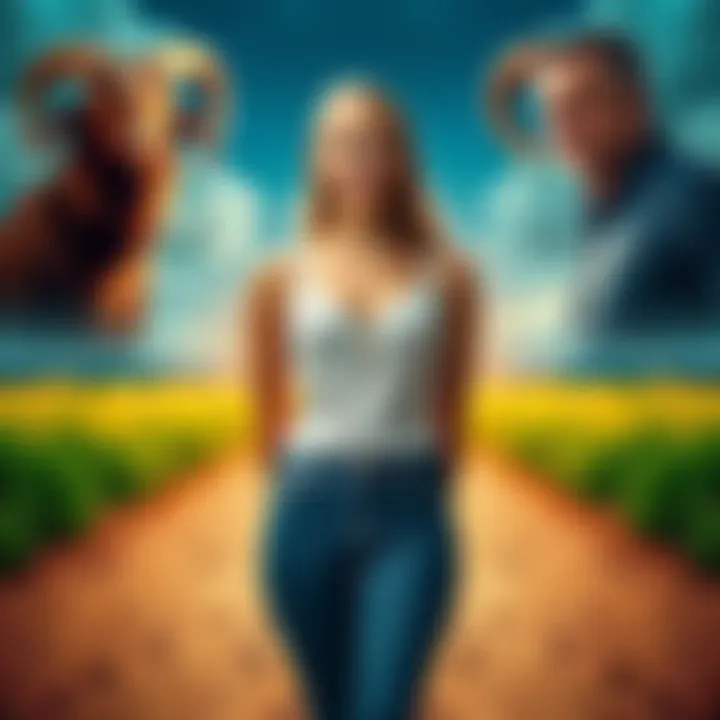 An Aquarius woman stands between two paths, one leading to a Gemini man with a playful smile and the other to a Capricorn man with a serious demeanor. The scene shows her contemplating her choice in love.