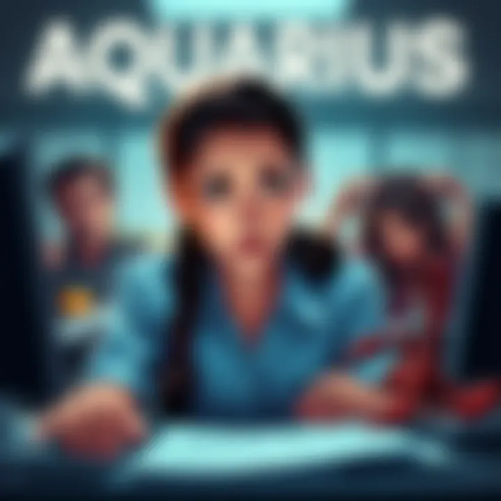 An Aquarius person looks concerned while working, with a Virgo boss nearby appearing threatened and a Scorpio coworker undermining her. The scene illustrates workplace tension and complex relationships between the signs.