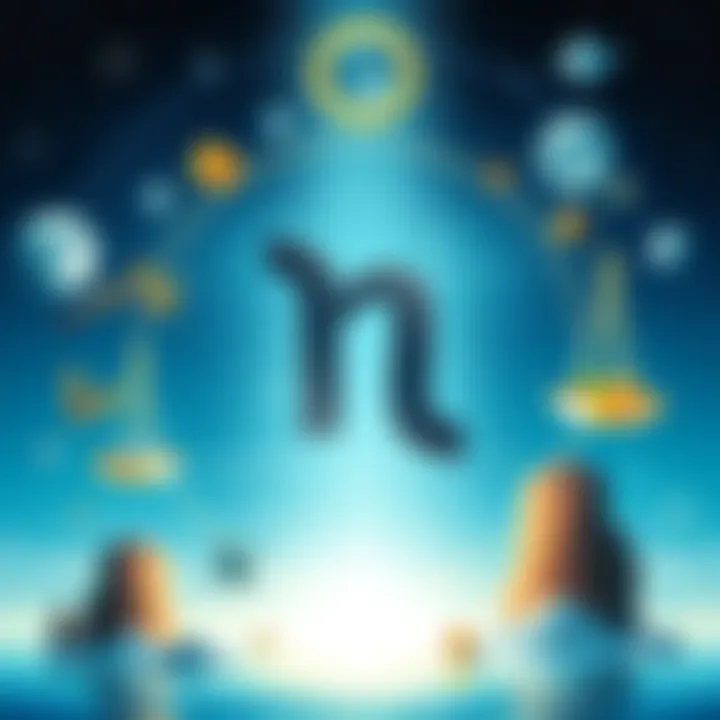 Illustration of the Aquarius symbol surrounded by images representing challenges like balancing scales and obstacles.