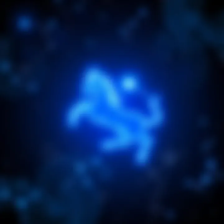 A bright blue Aquarius zodiac symbol surrounded by stars and constellations representing dreams and aspirations.
