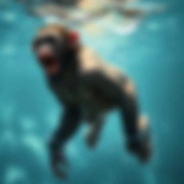 An imaginative representation of early human ancestors in water, showcasing features like bipedalism and aquatic traits.