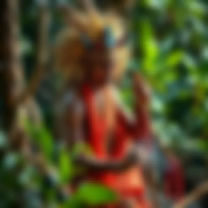 A shaman from the Arawak tribe performs a ritual in traditional attire, surrounded by nature