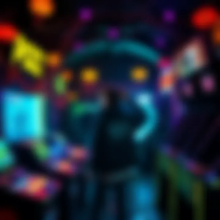 A person playing a thrilling arcade game while surrounded by spooky decorations and bright lights at a haunted amusement park.