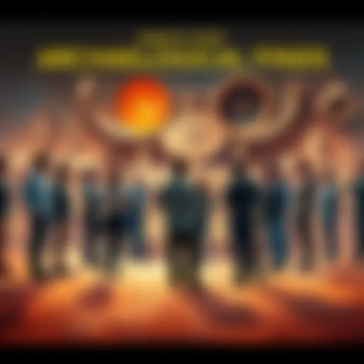 A group of people discussing archaeological discoveries with a backdrop of ancient artifacts