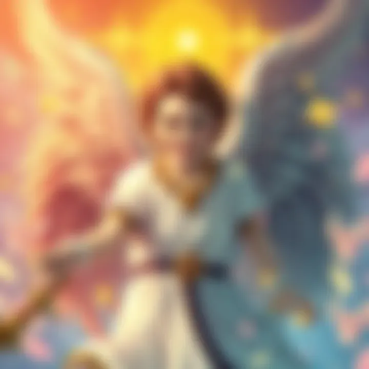Archangel Gabriel depicted in a lighthearted pose, surrounded by playful symbols and celestial elements, showcasing a cheerful expression and vibrant colors.