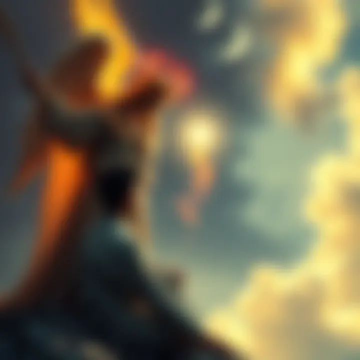 Archangel Uriel, depicted as a figure with light, inspires a person sitting in reflection, promoting creativity and growth.