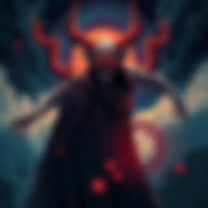 A creative illustration showing a mysterious figure resembling an Archon with an otherworldly appearance, surrounded by dark swirling clouds and eerie lights, reflecting a cheesy horror movie vibe.
